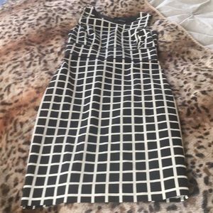 Club Monaco Black and Cream Pattern Sheath Dress.